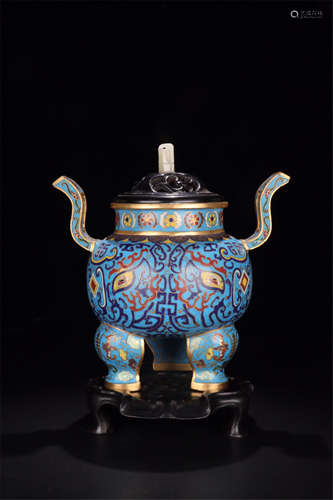 CHINESE CLOISONNE TRIPLE FEET CENSER WITH ROSEWOOD LIDDER AND BASE AND JADE FINAL