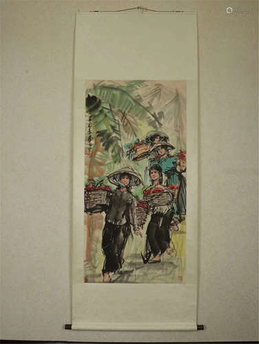 CHINESE SCROLL PAINTING OF GIRLS UNDER LEAF