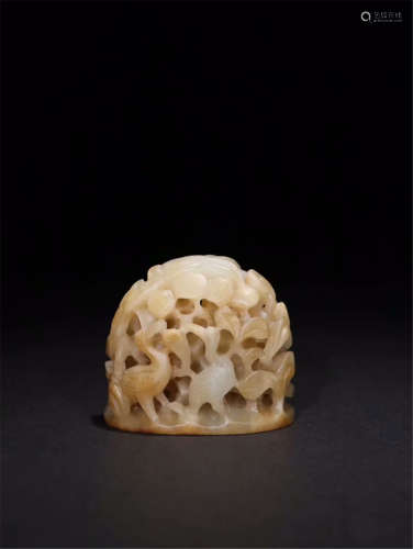 CHINESE JADE PIERCED CARVED LOTUS CRANE CENSER COVER FINIAL