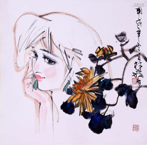 CHINESE SCROLL PAINTING OF BEAUTY AND FLOWER WITH PUBLICATION