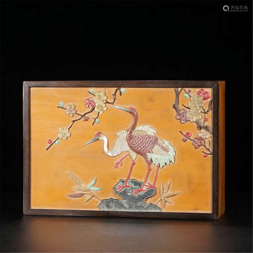 CHINESE GEM STONE INLAID CRANE ROSEWOOD LIDDED BOX