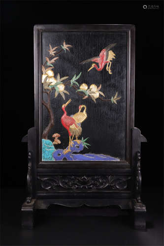 CHINESE GEM STONE INLAID LACQUER HARDWOOD ZITAN TABLE SCREEN