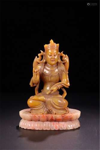 CHINESE TIANHUANG STONE SEATED GUANYIN ON SOAPSTONE BASE