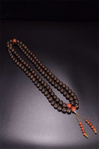 CHINESE AGALWOOD RED AGATE BEAD BUDDHIST NECKLACE