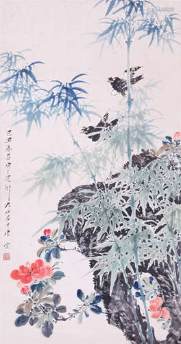 CHINESE SCROLL PAINTING OF BIRD AND BAMBOO