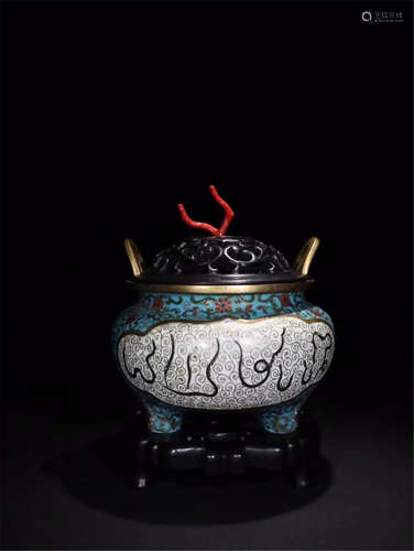 CHINESE CLOISONNE CENSER WITH ROSEWOOD LIDDER AND BASE