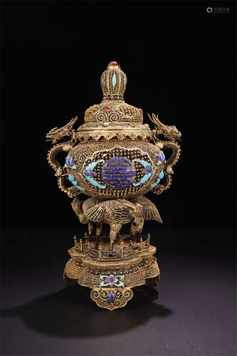 CHINESE GILT SILVER ENAMEL CENSER ON BASE