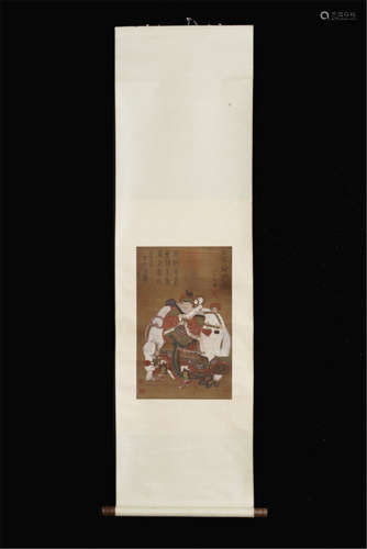 CHINESE SCROLL PAINTING OF WARRIOR WITH HORSE