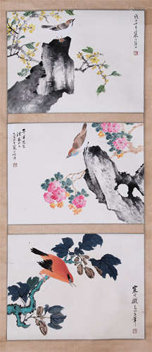 THREE PAGES OF CHINESE ALBUM PAINTING OF BIRD AND FLOWER