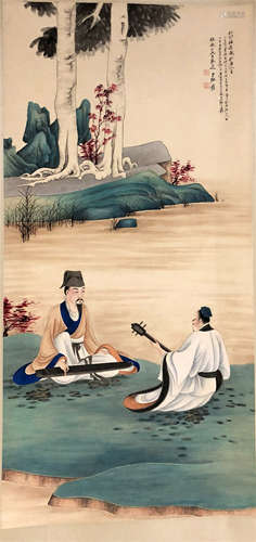 CHINESE SCROLL PAINTING OF PEOPLE UNDER TREE