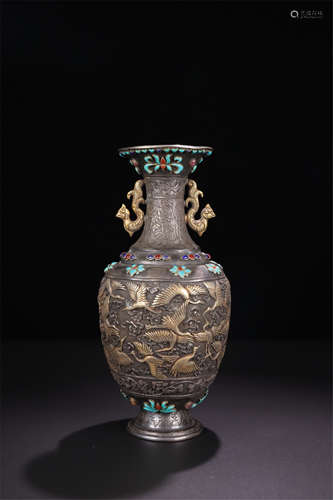 CHINESE GEM STONE INLAID SILVER CRANE VASE