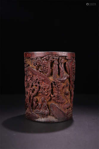 CHINESE BAMBOO CARVED MOUNTAIN VIEWS BRUSH POT