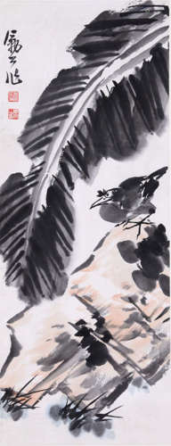 CHINESE SCROLL PAINTING OF BIRD UNDER LEAF