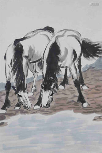 CHINESE SCROLL PAINTING OF HORSE BY RIVER