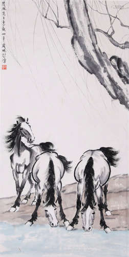 CHINESE SCROLL PAINTING OF THREE HORSES