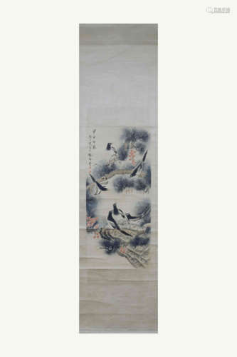 CHINESE SCROLL PAINTING OF BIRDS ON PINE