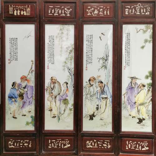 FOUR-PANEL FAMILLE ROSE PLAQUE, WANG QI