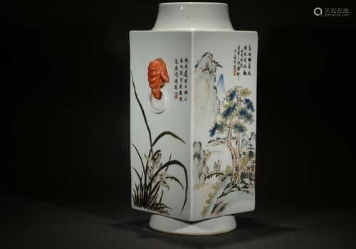 A REPUBLIC FAMILLE ROSE FACETED VASE, JIA MEIMIN