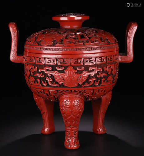 A LACQUER CARVED TAOTIE PATTERN CENSER