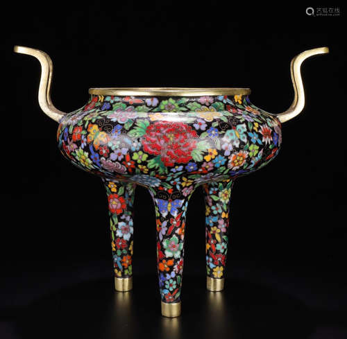 A CLOISONNE CASTED FLOWER PATTERN TRIPOD CENSER