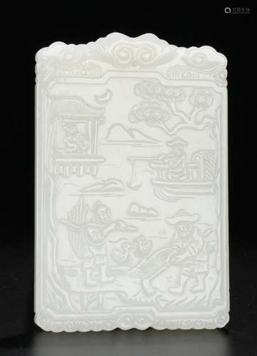 A HETIAN JADE CARVED STORY PATTERN PENDANT