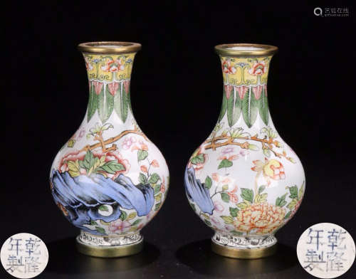 PAIR BRONZE CASTED ENAMELED FLOWER PATTERN VASE