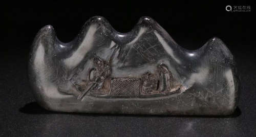 A COAL STONE CARVED MOUNTAIN SHAPE PEN SHELF