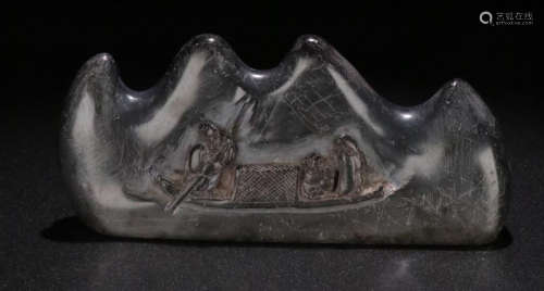 A COAL STONE CARVED MOUNTAIN SHAPE PEN SHELF