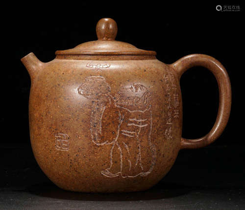 A ZISHA CARVED STORY PATTERN TEA POT