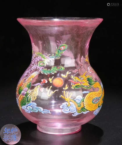 A GLASS DRAGON&PHOENIX PATTERN GU VASE