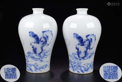 PAIR WHITE&BLUE GLAZE STORY PATTERN MEI VASE