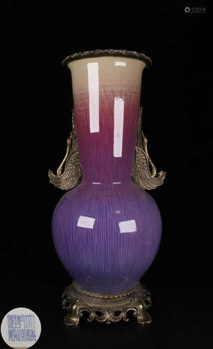 A PURPLE KILN GLAZE WITH DOUBLE FLOWER EAR VASE