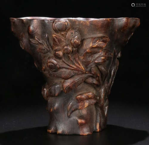 A CHENXIANG WOOD CARVED PLUM FLOWER PATTERN CUP
