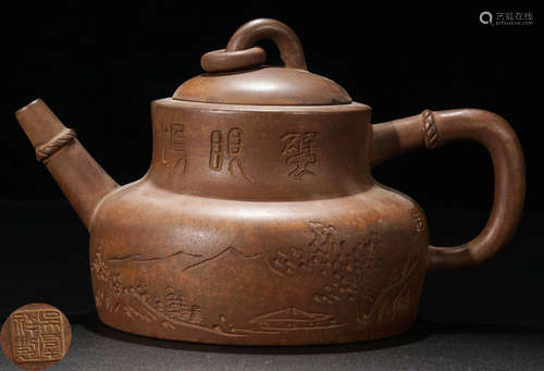 A ZISHA CARVED LANDSCAPE PATTERN TEA POT