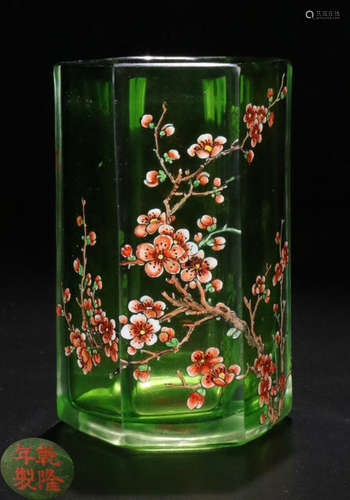 A GLASS PLUM FLOWER PATTERN PEN HOLDER