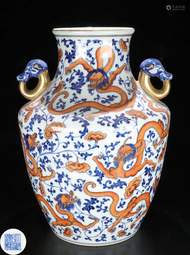 A BLUE&RED GLAZE DRAGON PATTERN ZUN VASE