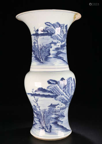 A WHITE&BLUE GLAZE LANDSCAPE PATTERN ZUN VASE