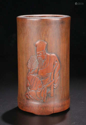 A BAMBOO CARVED FIGURE PATTERN PEN HOLDER
