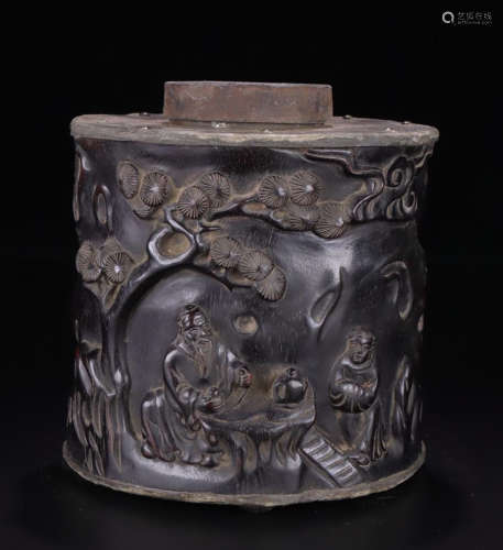 A XIAOYE ZITAN WOOD CARVED TIN DECORATED TEA JAR