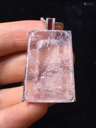 AN ICY JADEITE PENDANT CARVED IN LANDSCAPE WITH NECKLACE
