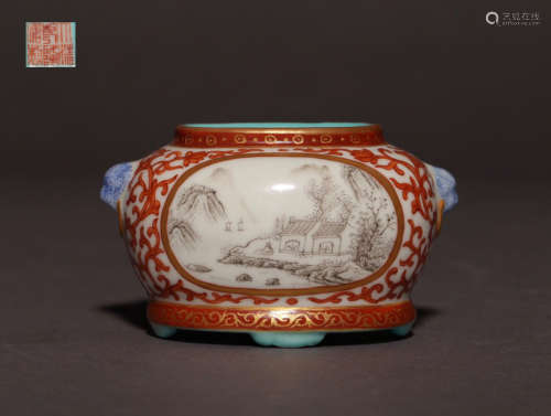 A COLORFUL PORCELAIN WATER POT WITH SCENERY PATTERNS AND QIANLONG MARKING