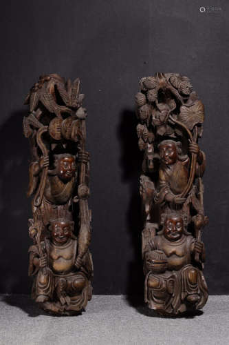 A PAIR OF WOOD ORNAMENTS OF FIGURE SHAPED