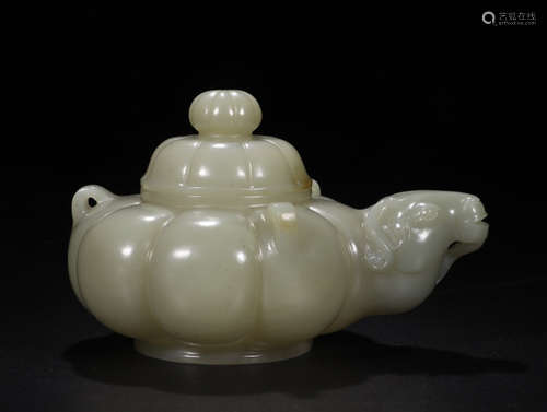 A MELON SHAPE WHITE HETIAN JADE TEAPOT