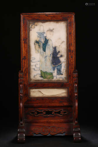 A HUANGHUA WOOD EMBENED YUN STONE CHARACTER PAINTING SCREEN