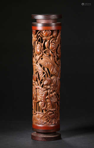 A BAMBOO INCENSE HOLDER OF LOTUS FLOWER CARVING