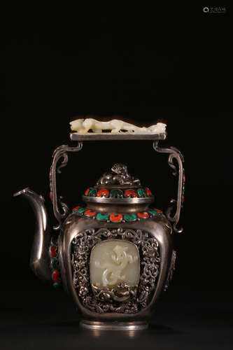 A SILVER POT EMBEDED HETIAN JADE