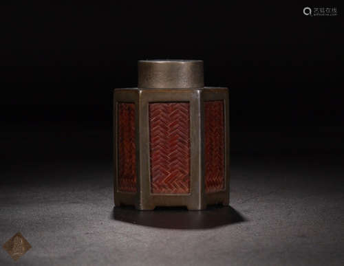 A HEXAGONAL BAMBOO JAR FOR TEA LEAVES