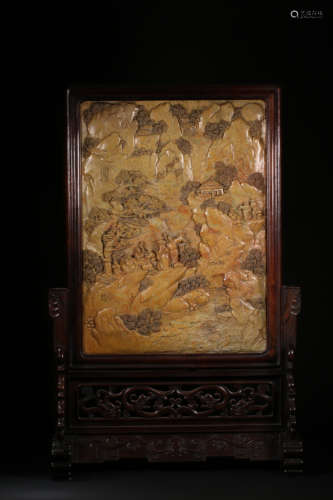 A LANDSCAPE CHARACTER CARVED SHOUSHAN STONE SCREEN