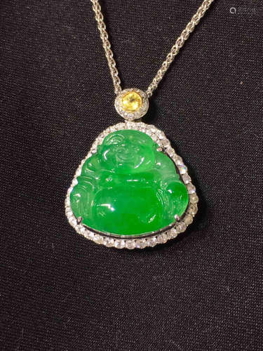 A GREEN BUDDHA JADEITE PENDANT WITH NECKLACE