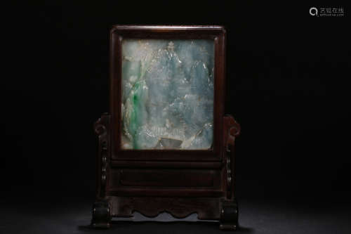 A ZITAN WOOD SCREEN EMBEDED JADEITE WITH LANDSCAPE CARVING